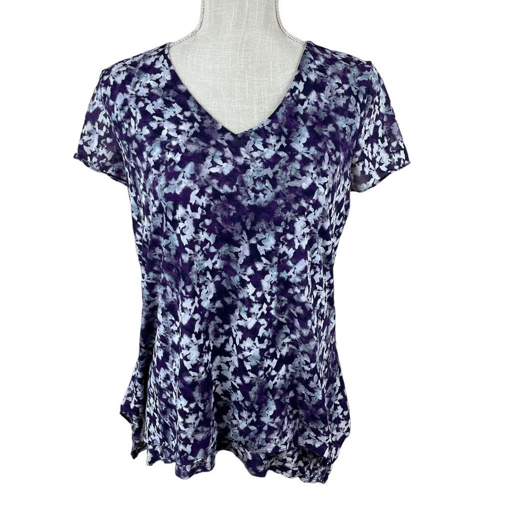 Simply Vera Vera Wang Floral Top Blouse Womens S Purple Handkerchief Hem V Neck‎